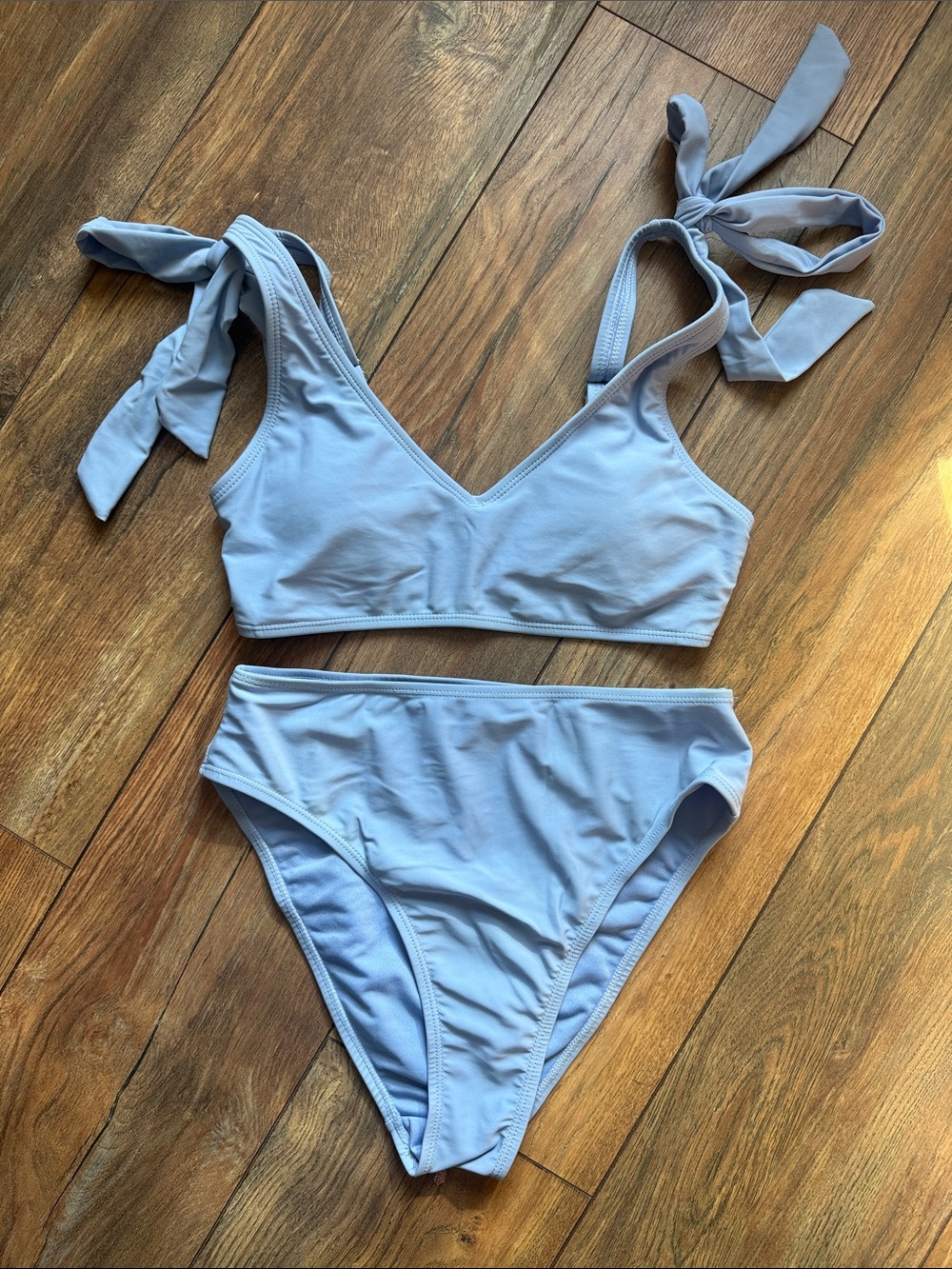 Tie-Shoulder Light Blue Bikini Set - Women Swim